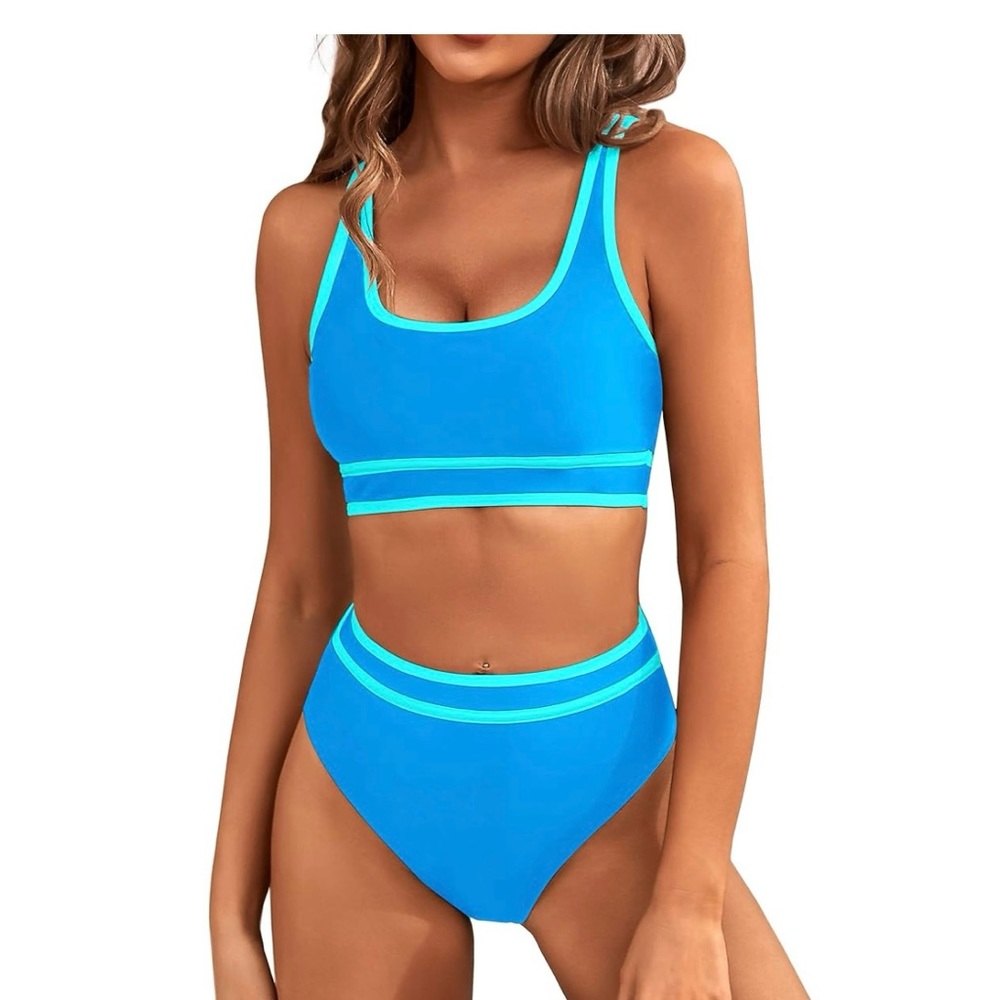 Women's High Waisted Blue Mint Sporty Bikini Set - Picture 2 of 5
